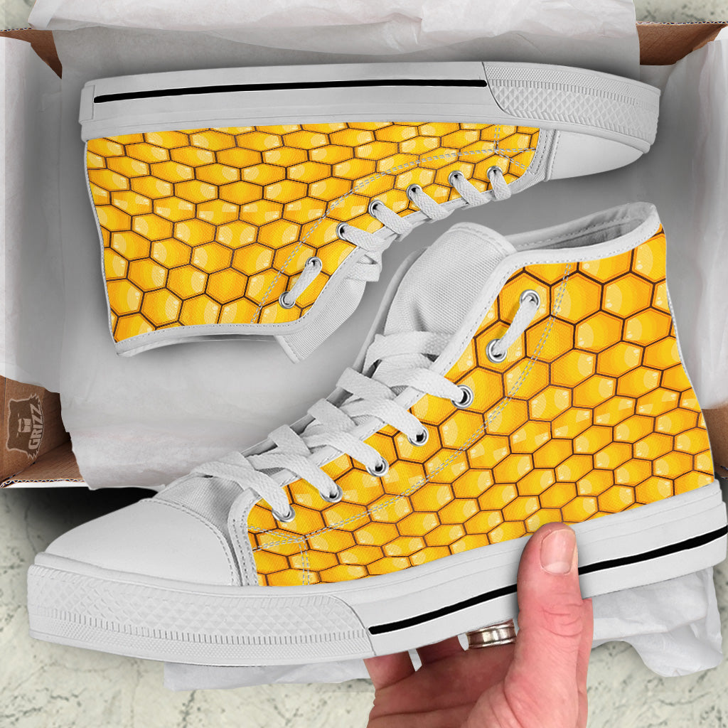 Yellow Honeycomb Print Pattern White High Top Shoes-grizzshop