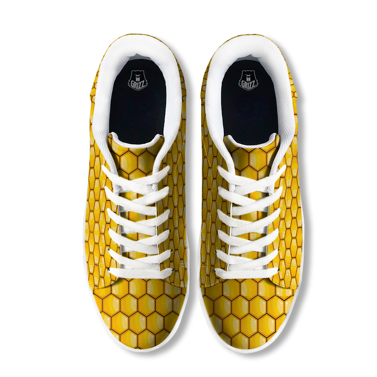Yellow Honeycomb Print Pattern White Low Top Sneakers-grizzshop