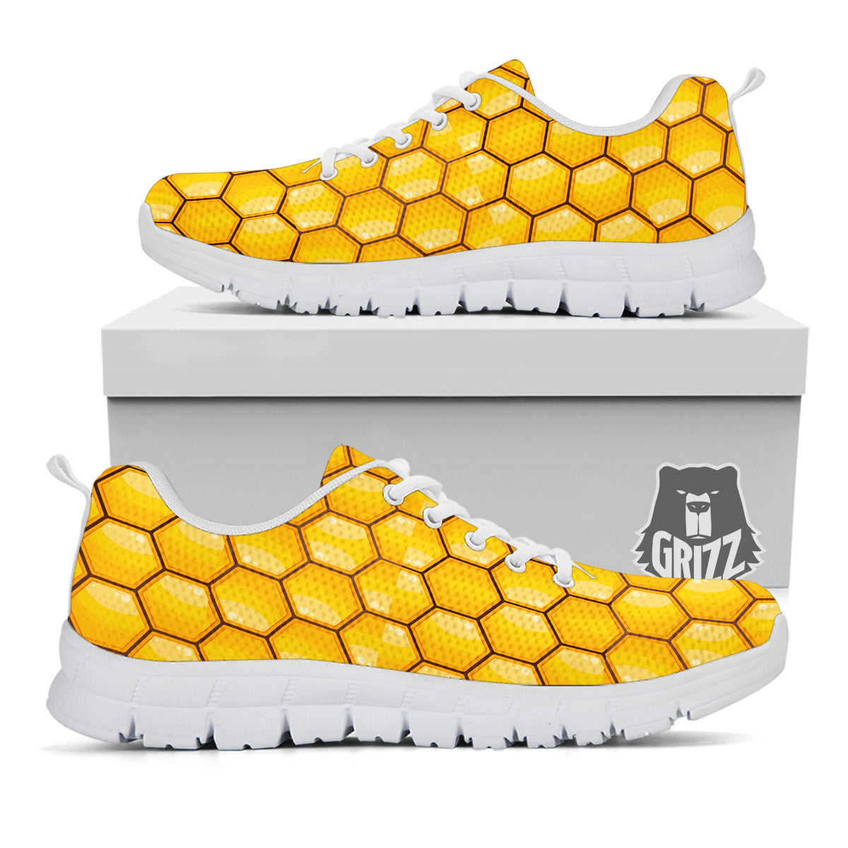 Yellow Honeycomb Print Pattern White Sneaker-grizzshop