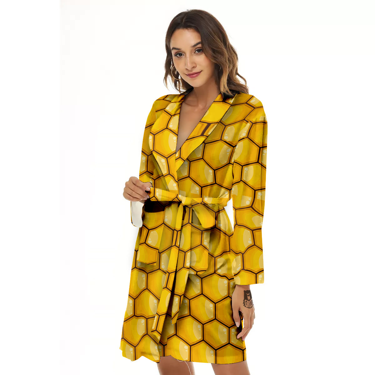 Yellow Honeycomb Print Pattern Women's Robe-grizzshop