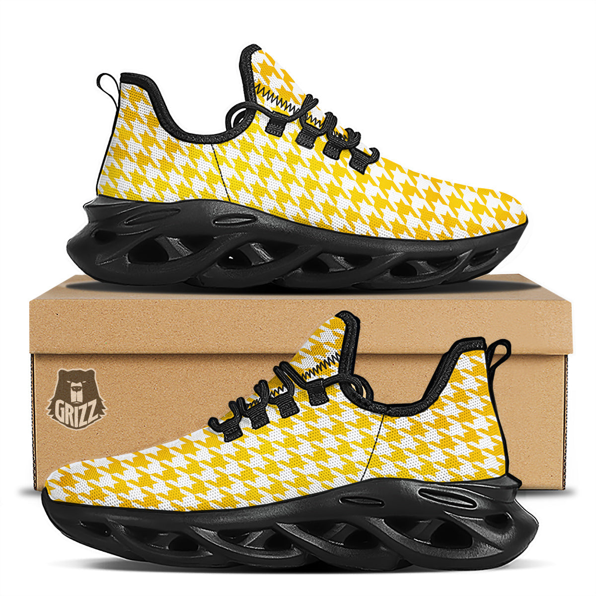 Yellow Houndstooth Print Black Running Shoes-grizzshop