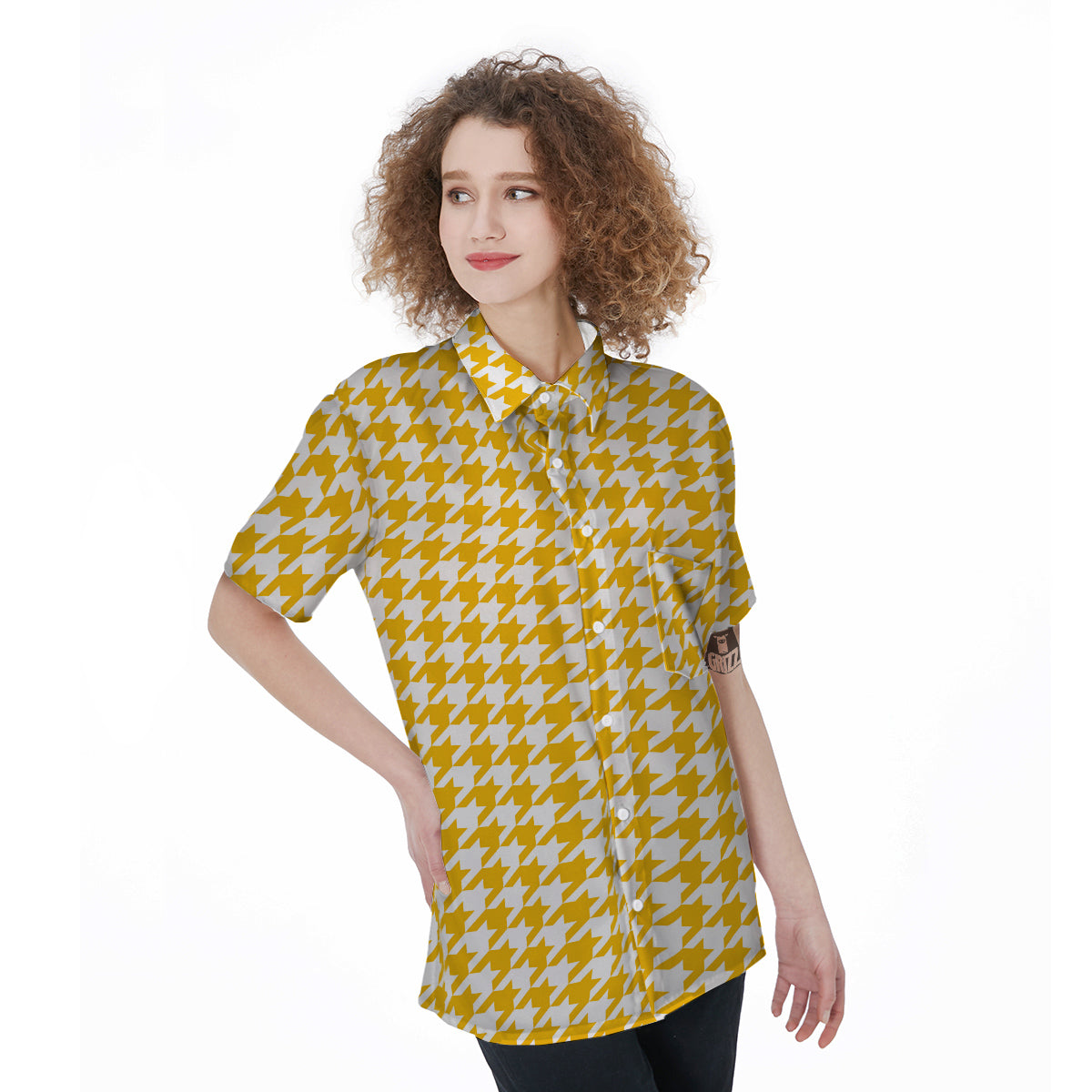 Yellow Houndstooth Print Women's Short Sleeve Shirts-grizzshop