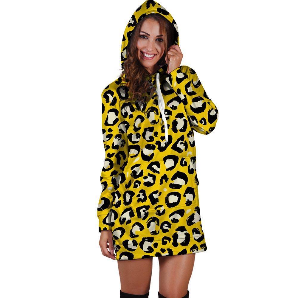 Yellow Leopard Hoodie Dress-grizzshop