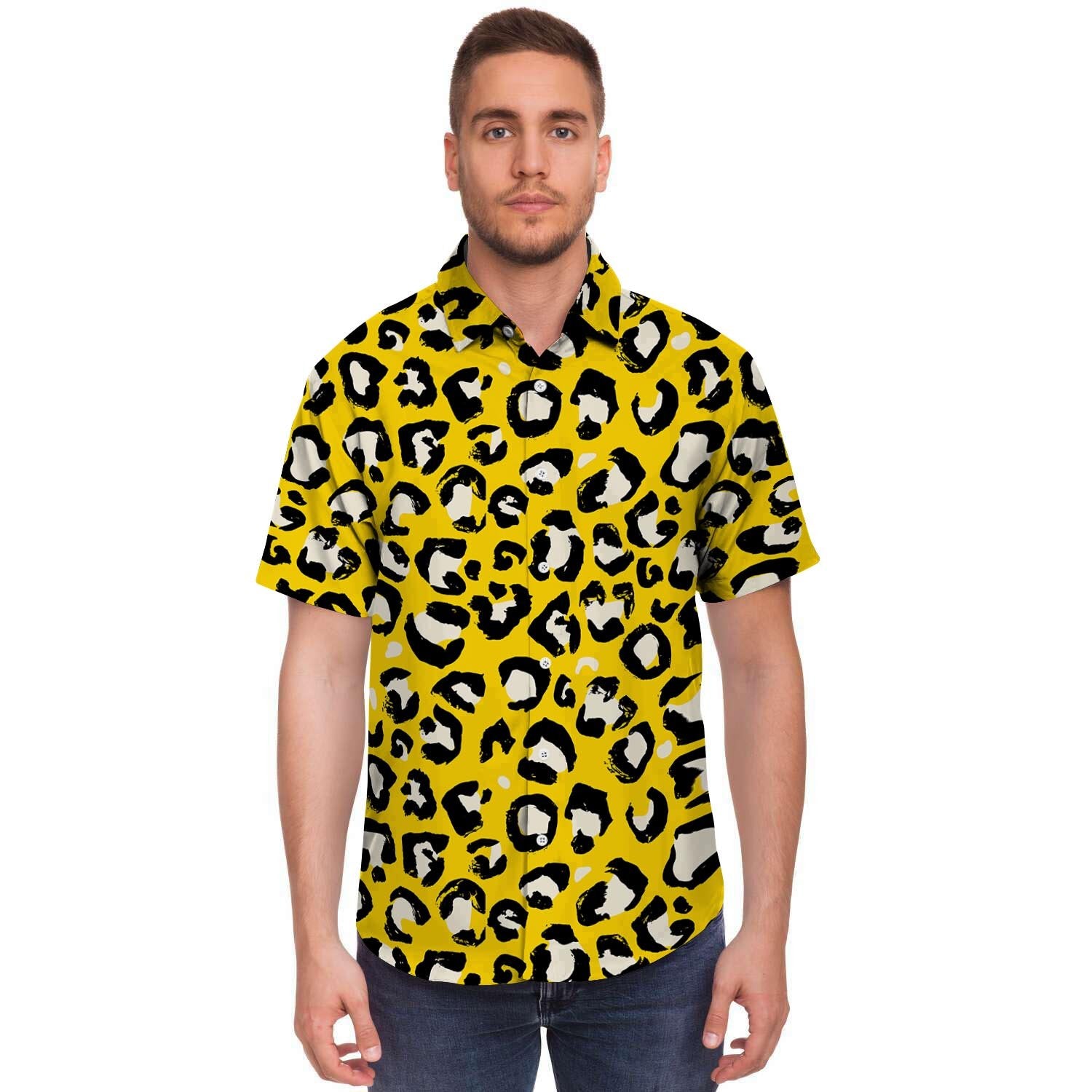 Yellow Leopard Men's Short Sleeve Shirt-grizzshop