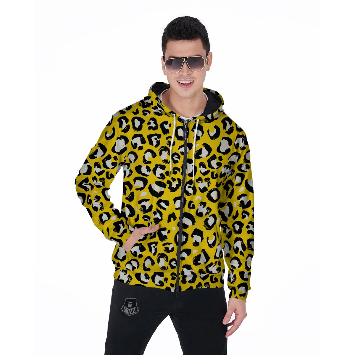 Yellow Leopard Men's Zip Up Hoodie-grizzshop