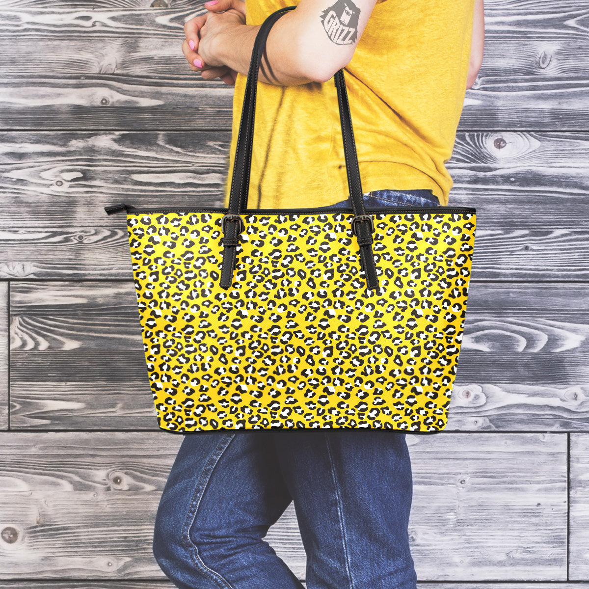 Yellow Leopard Print Pattern Leather Tote Bag-grizzshop