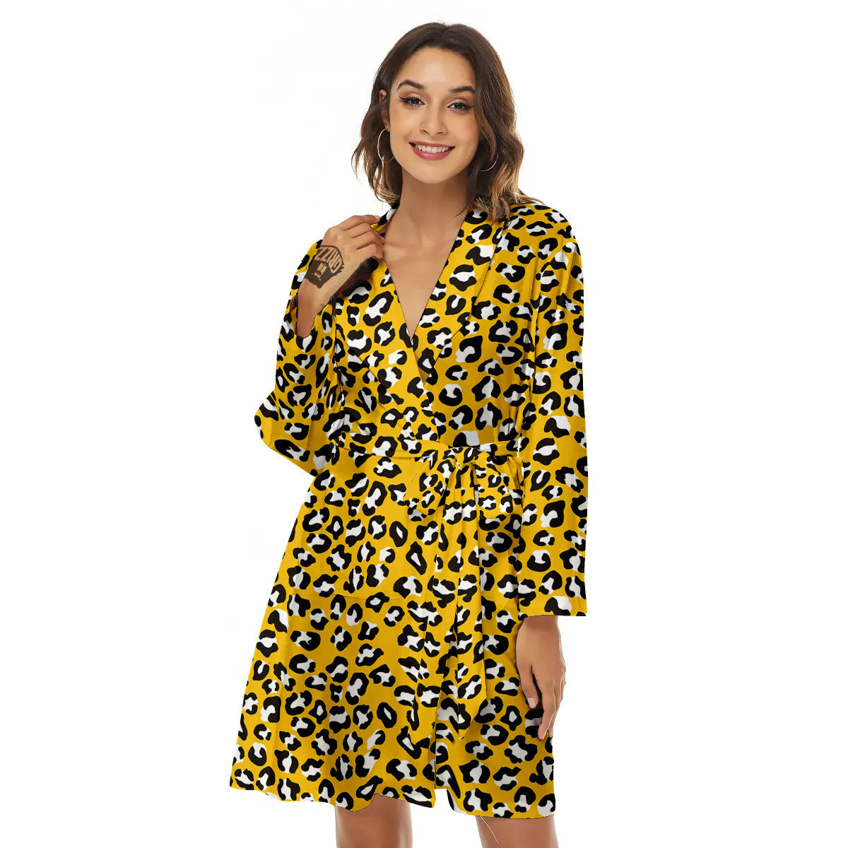 Yellow Leopard Print Pattern Women's Robe-grizzshop