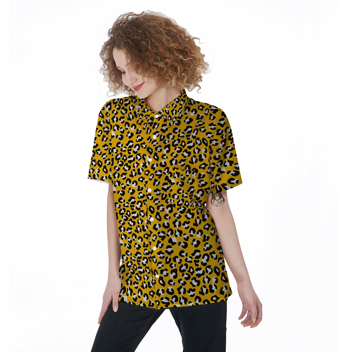 Yellow Leopard Print Pattern Women's Short Sleeve Shirts-grizzshop