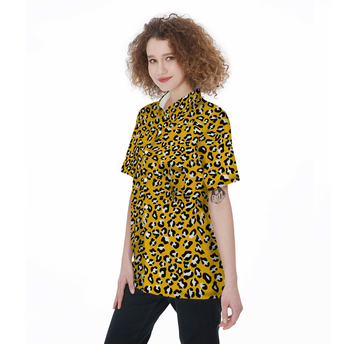 Yellow Leopard Print Pattern Women's Short Sleeve Shirts-grizzshop