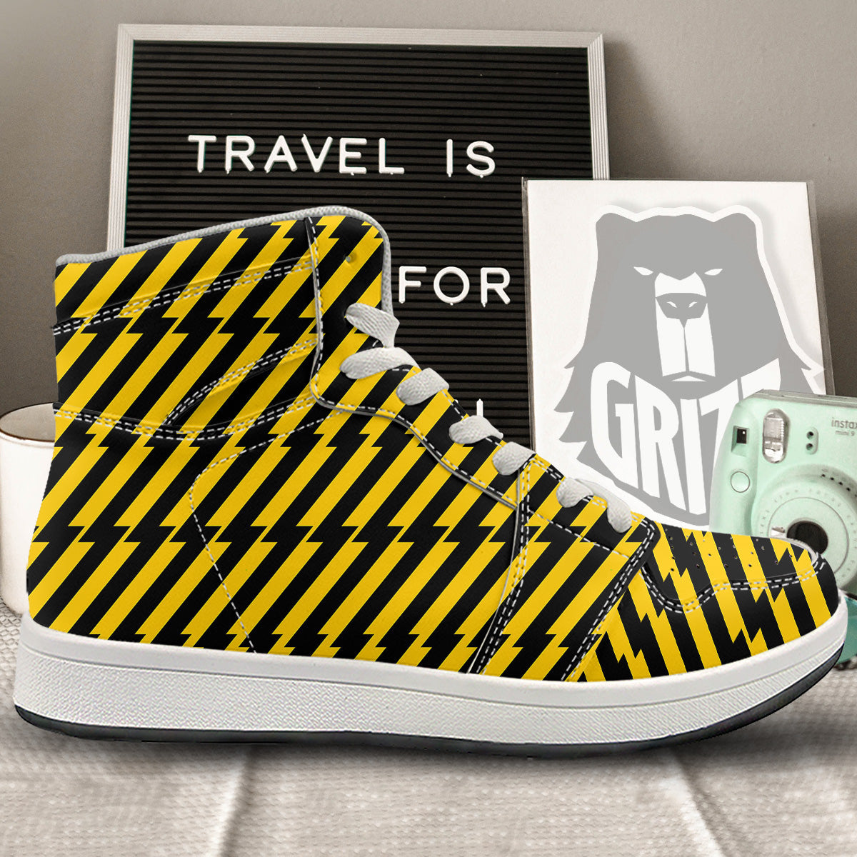 Yellow Lightning Spark Print Pattern High Top Sneakers-grizzshop