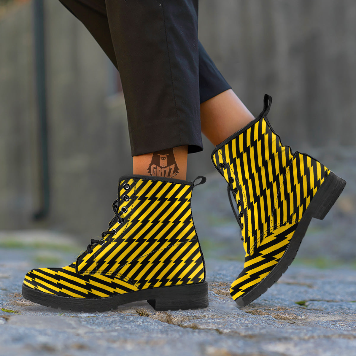 Yellow Lightning Spark Print Pattern Leather Boots-grizzshop