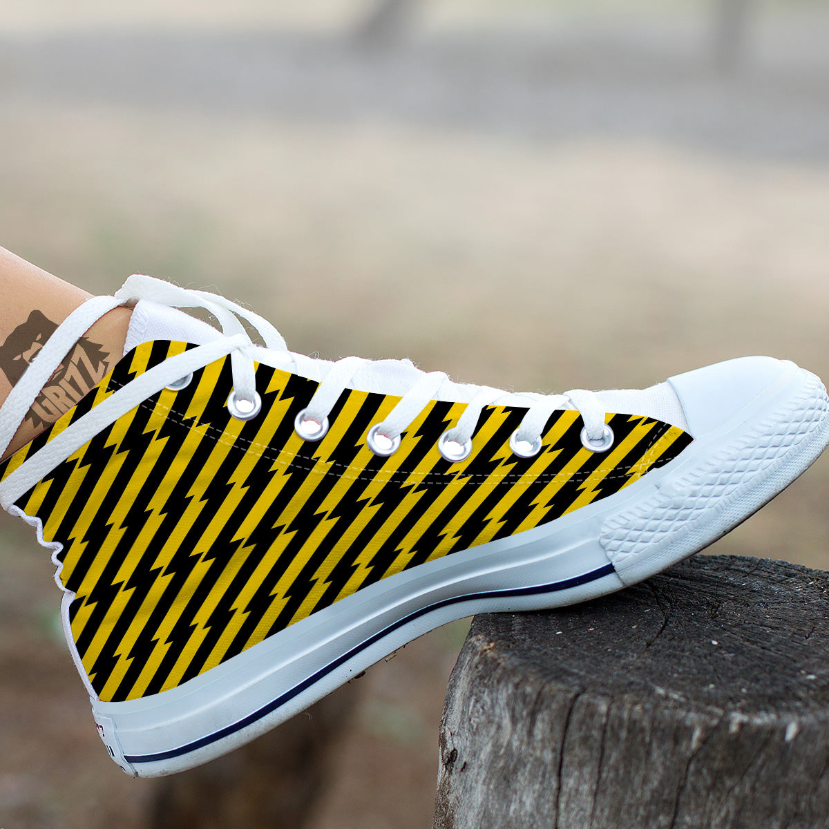 Yellow Lightning Spark Print Pattern White High Top Shoes-grizzshop