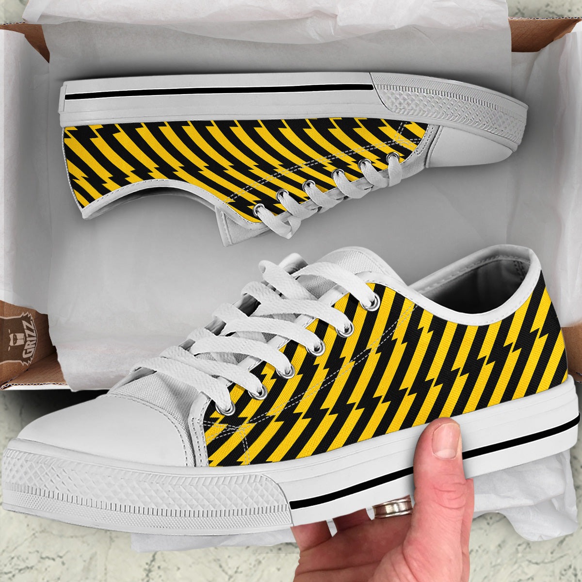 Yellow Lightning Spark Print Pattern White Low Top Shoes-grizzshop