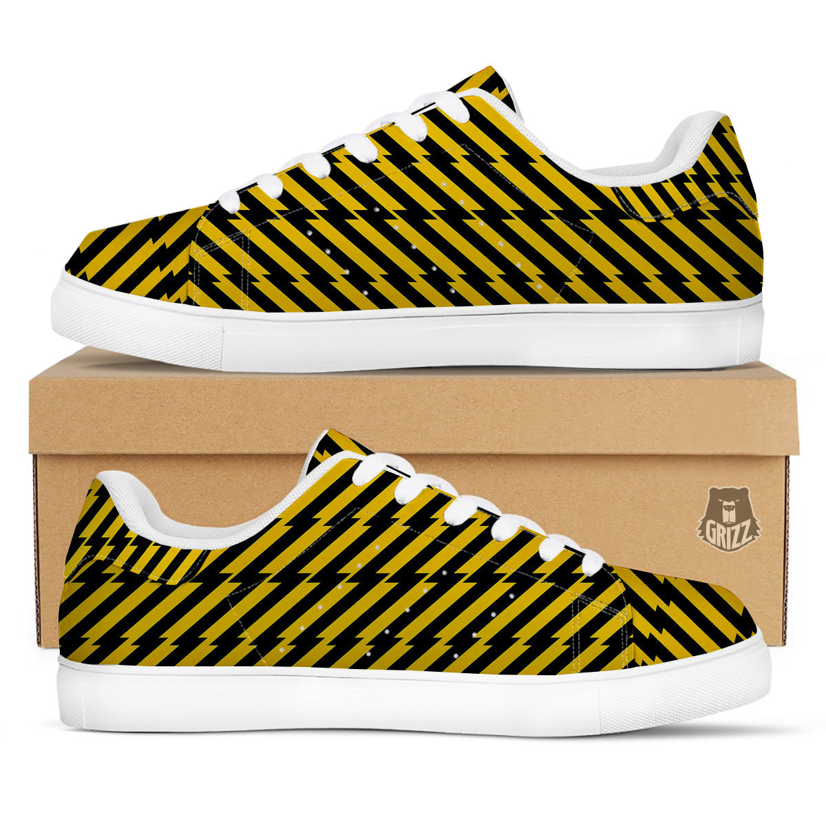 Yellow Lightning Spark Print Pattern White Low Top Sneakers-grizzshop