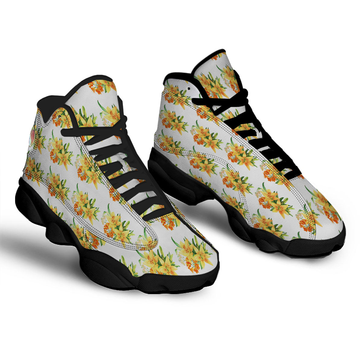 Yellow Lily Watercolor Print Pattern Black Basketball Shoes-grizzshop