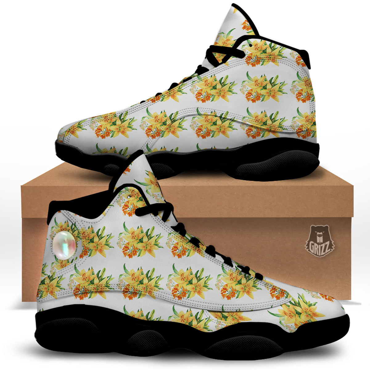 Yellow Lily Watercolor Print Pattern Black Basketball Shoes-grizzshop