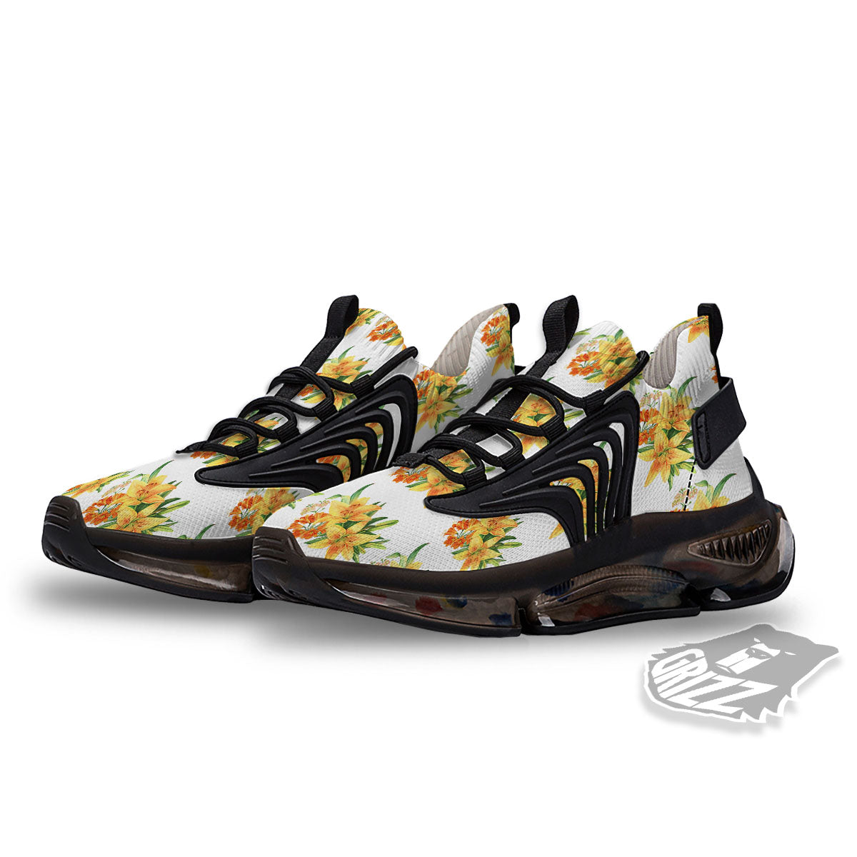 Yellow Lily Watercolor Print Pattern Black Gym Shoes-grizzshop