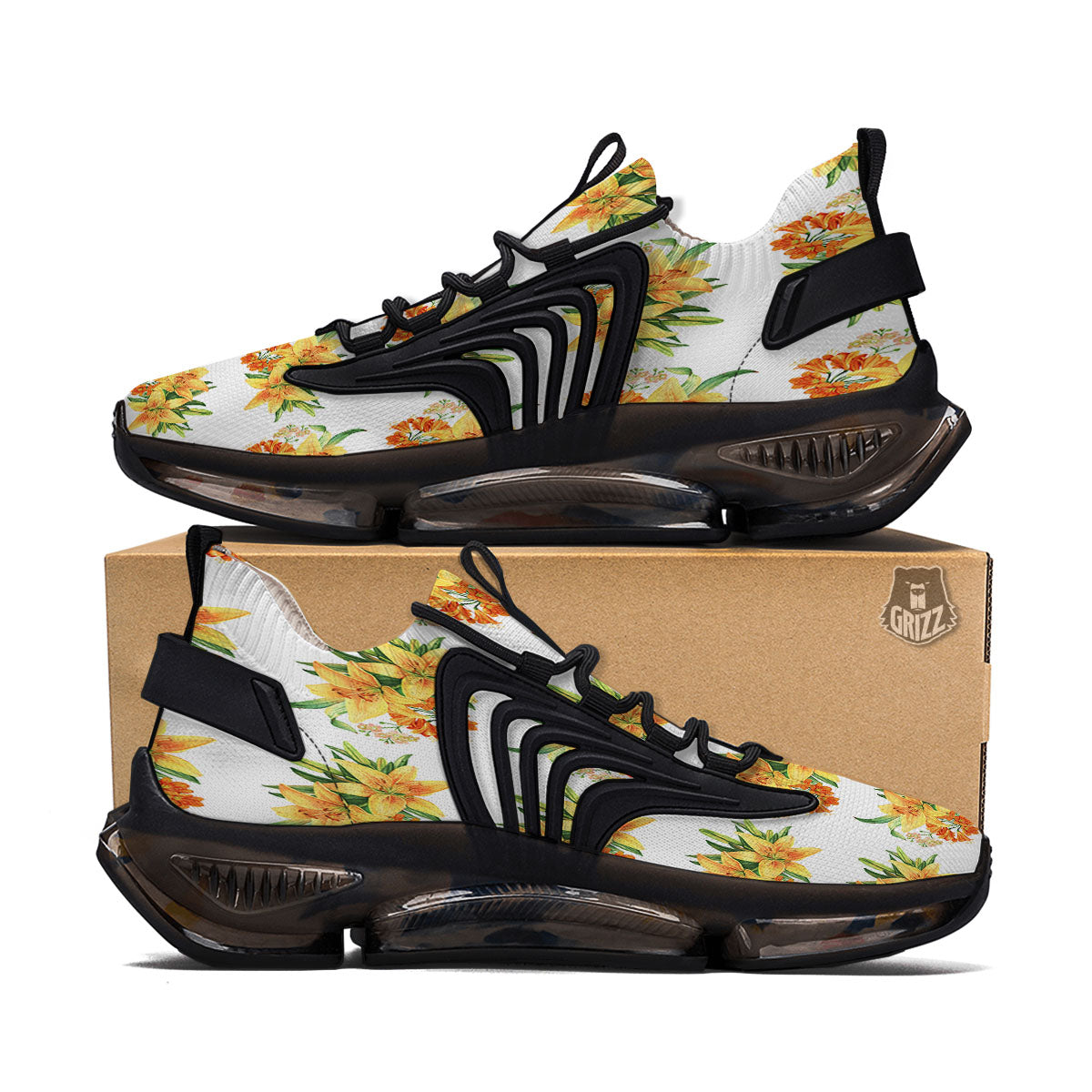 Yellow Lily Watercolor Print Pattern Black Gym Shoes-grizzshop