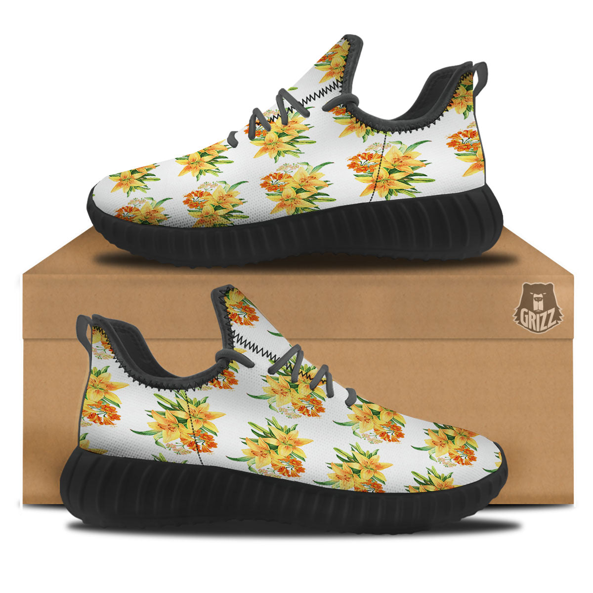 Yellow Lily Watercolor Print Pattern Black Walking Shoes-grizzshop