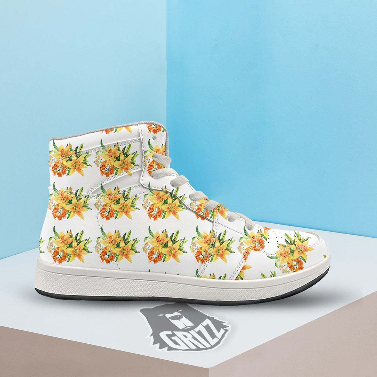 Yellow Lily Watercolor Print Pattern High Top Sneakers-grizzshop