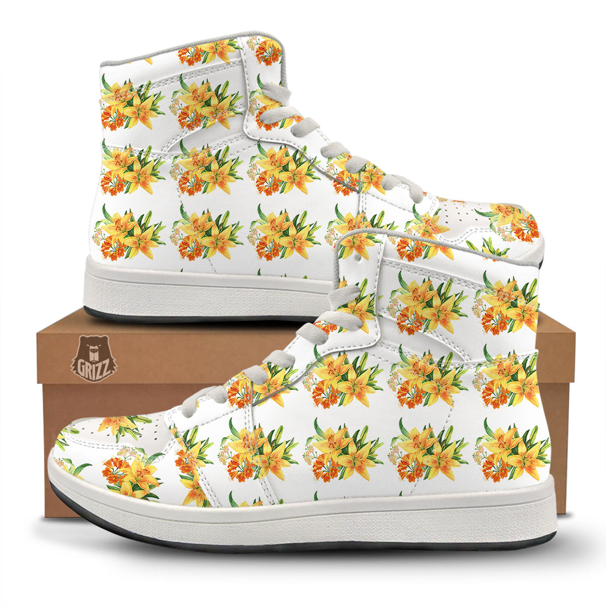 Yellow Lily Watercolor Print Pattern High Top Sneakers-grizzshop