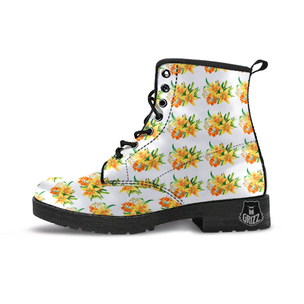 Yellow Lily Watercolor Print Pattern Leather Boots-grizzshop