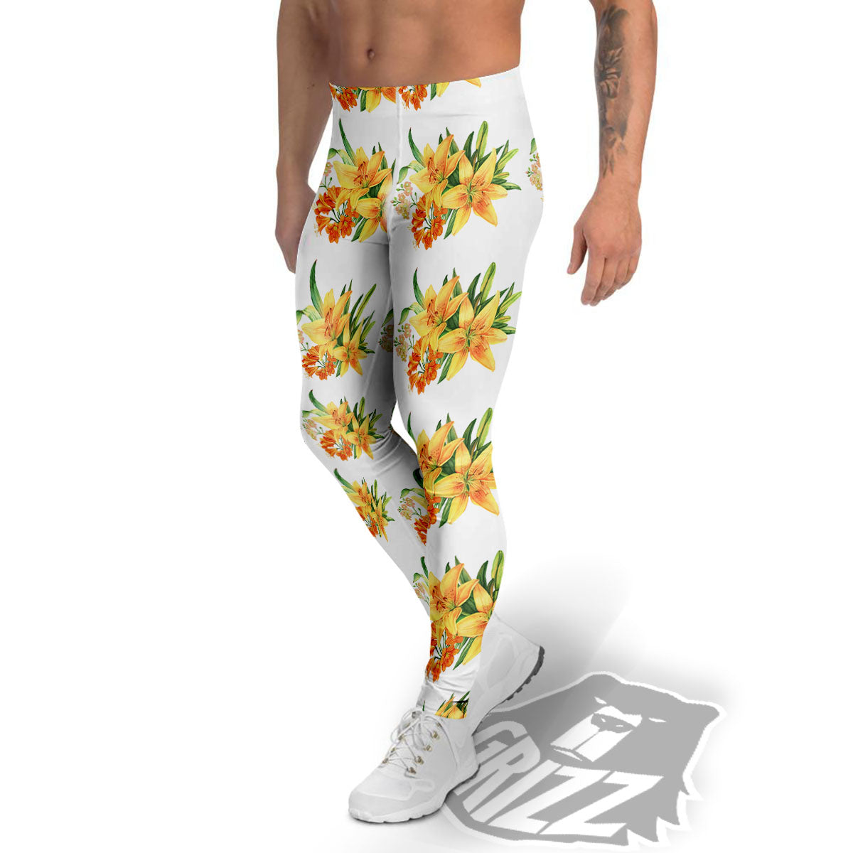 Yellow Lily Watercolor Print Pattern Men's Leggings-grizzshop