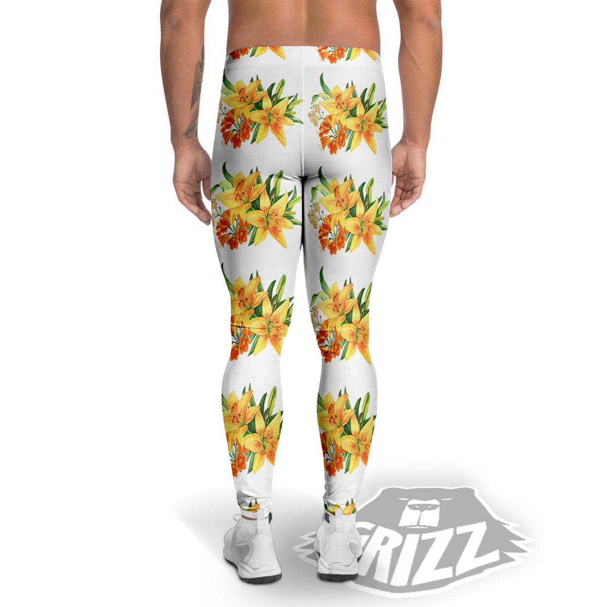 Yellow Lily Watercolor Print Pattern Men's Leggings-grizzshop
