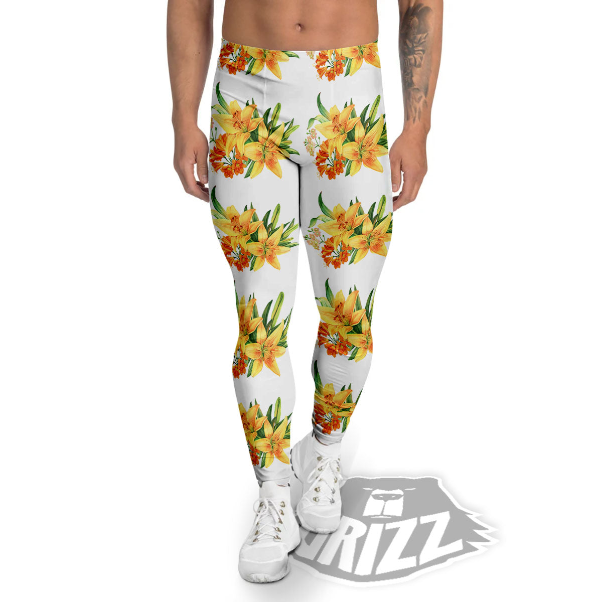 Yellow Lily Watercolor Print Pattern Men's Leggings-grizzshop