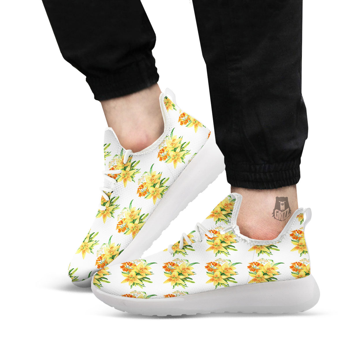 Yellow Lily Watercolor Print Pattern White Athletic Shoes-grizzshop