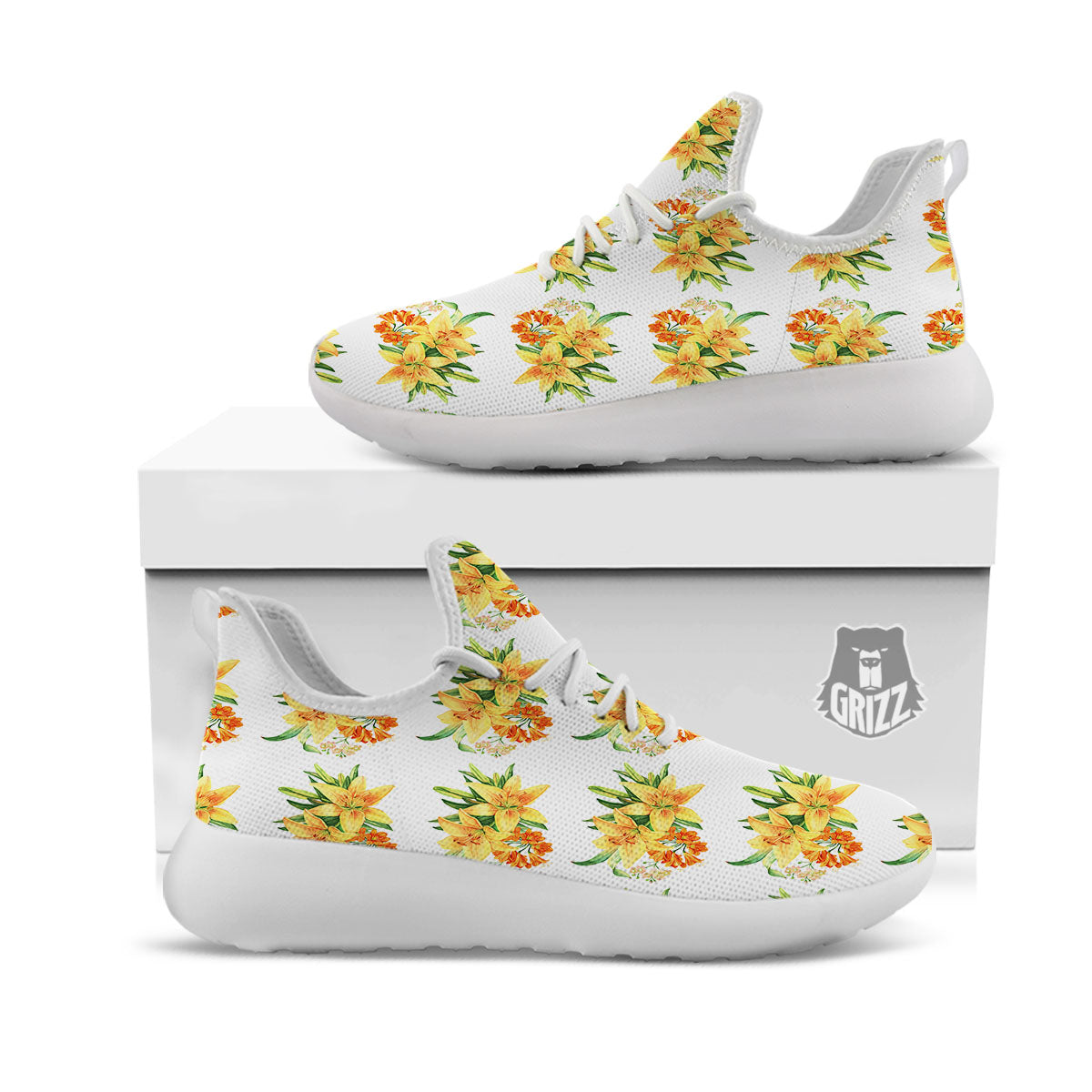 Yellow Lily Watercolor Print Pattern White Athletic Shoes-grizzshop