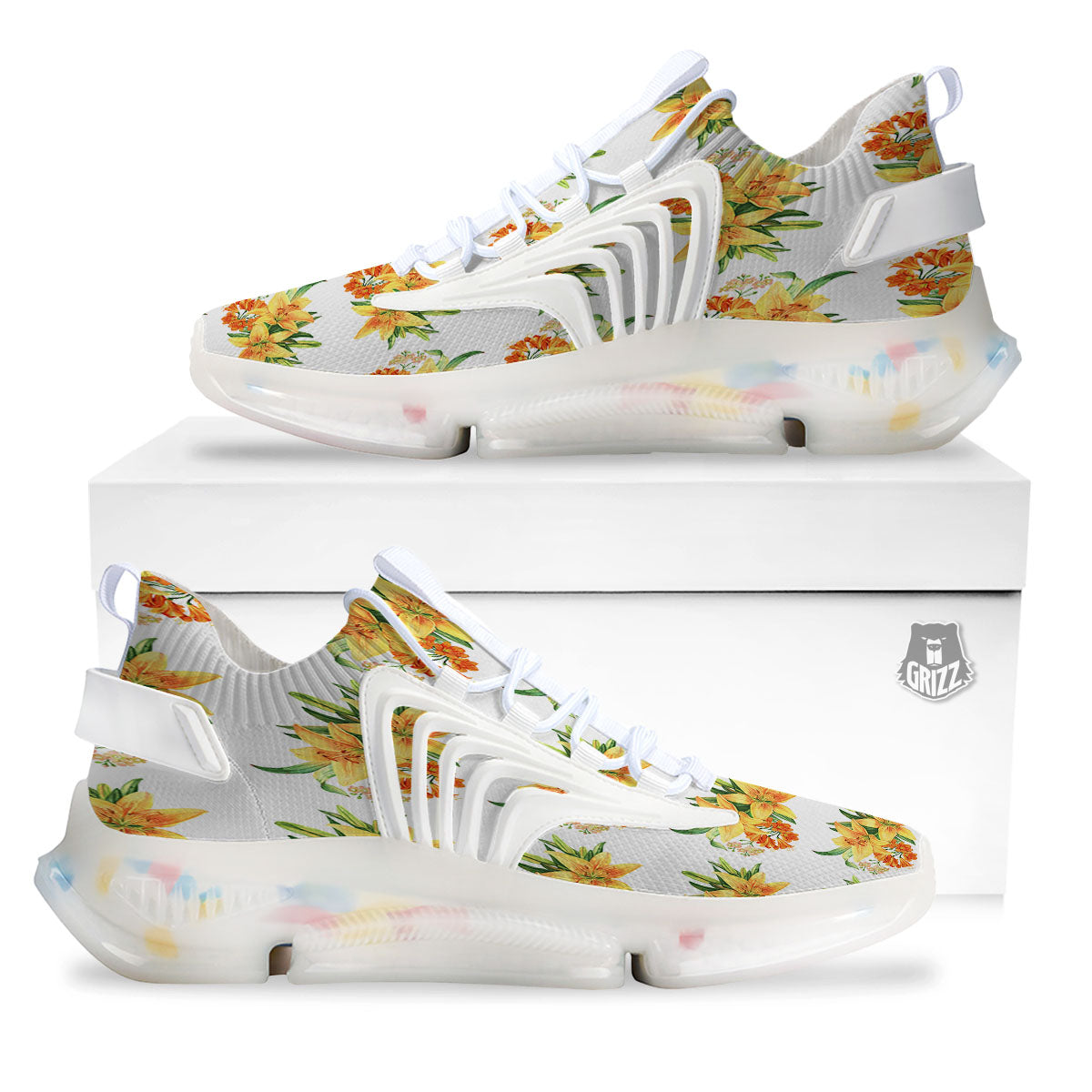 Yellow Lily Watercolor Print Pattern White Gym Shoes-grizzshop