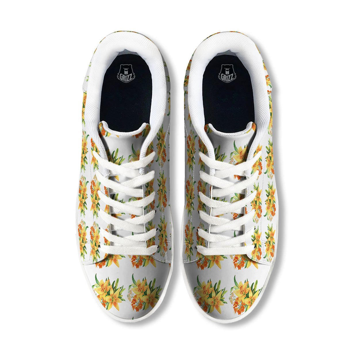 Yellow Lily Watercolor Print Pattern White Low Top Sneakers-grizzshop