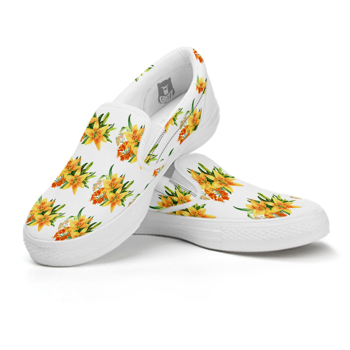 Yellow Lily Watercolor Print Pattern White Slip On Shoes-grizzshop