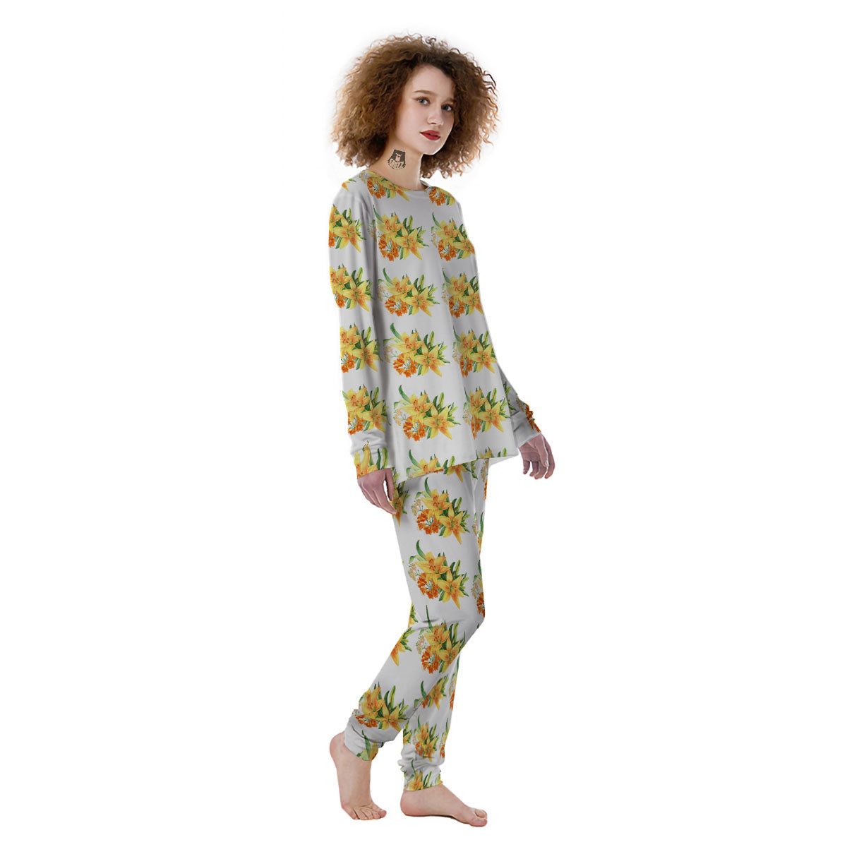 Yellow Lily Watercolor Print Pattern Women's Pajamas-grizzshop