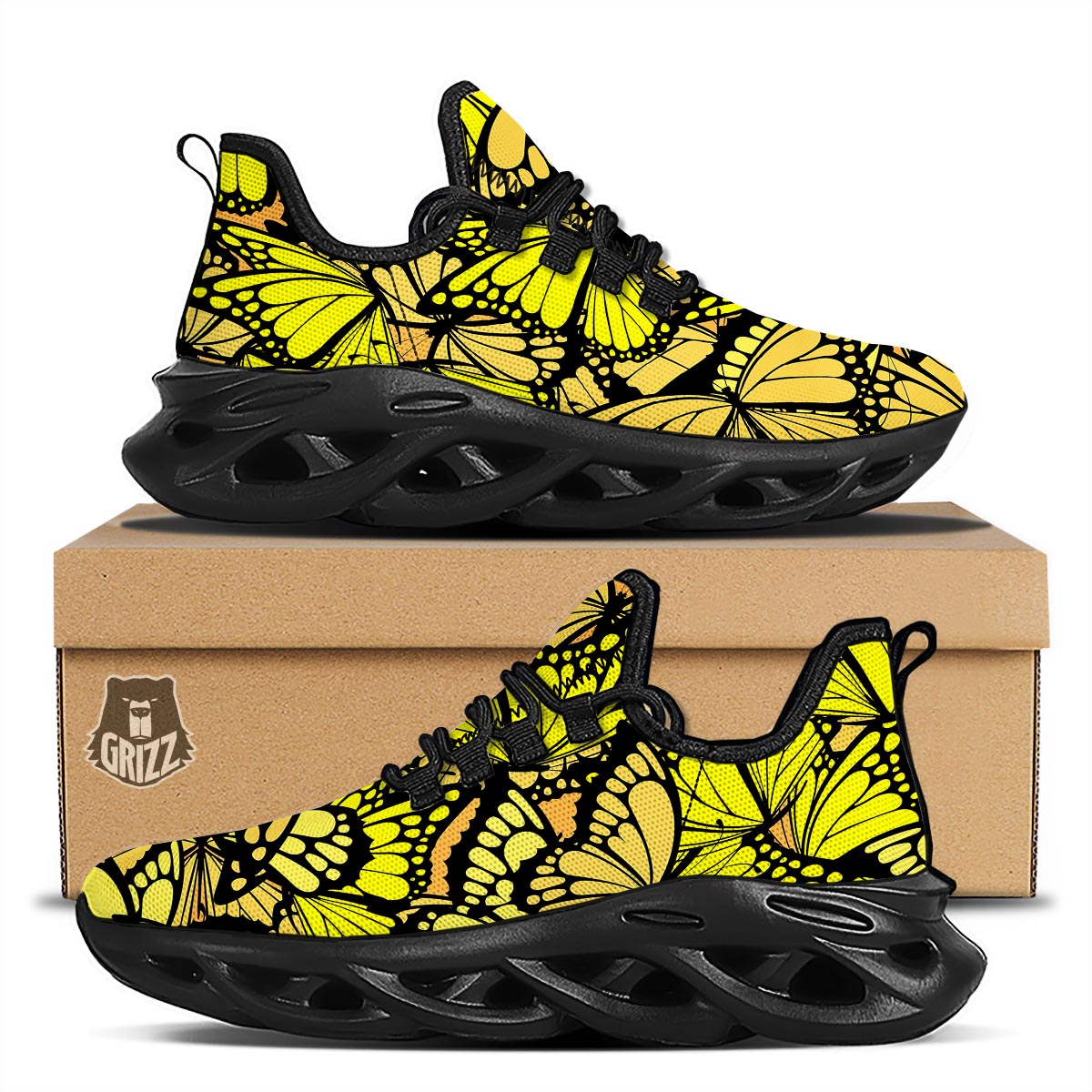 Yellow Monarch Butterfly Black Running Shoes-grizzshop