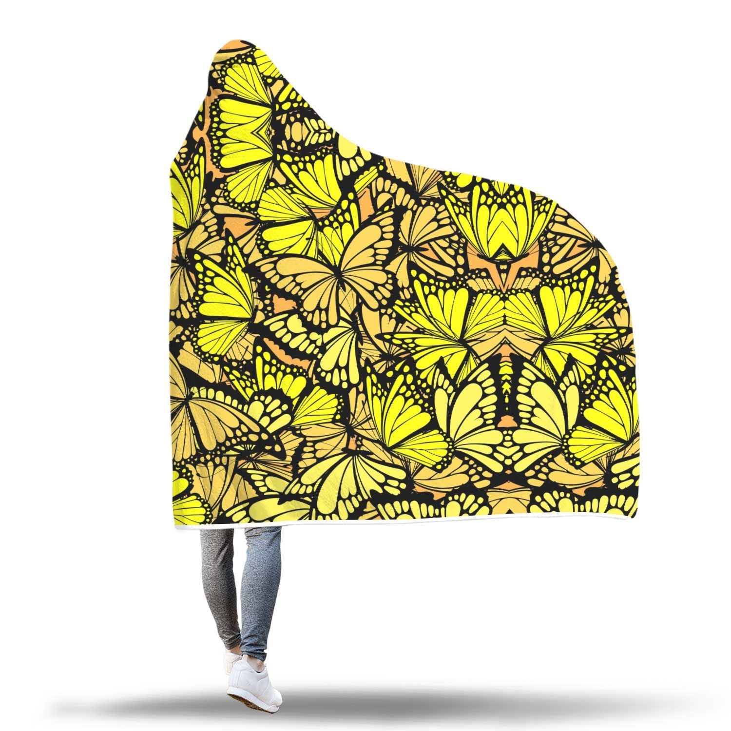 Yellow Monarch Butterfly Pattern Print Hooded Blanket-grizzshop