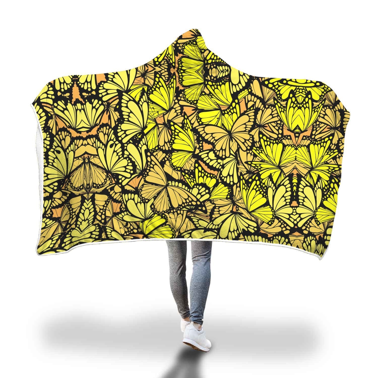 Yellow Monarch Butterfly Pattern Print Hooded Blanket-grizzshop