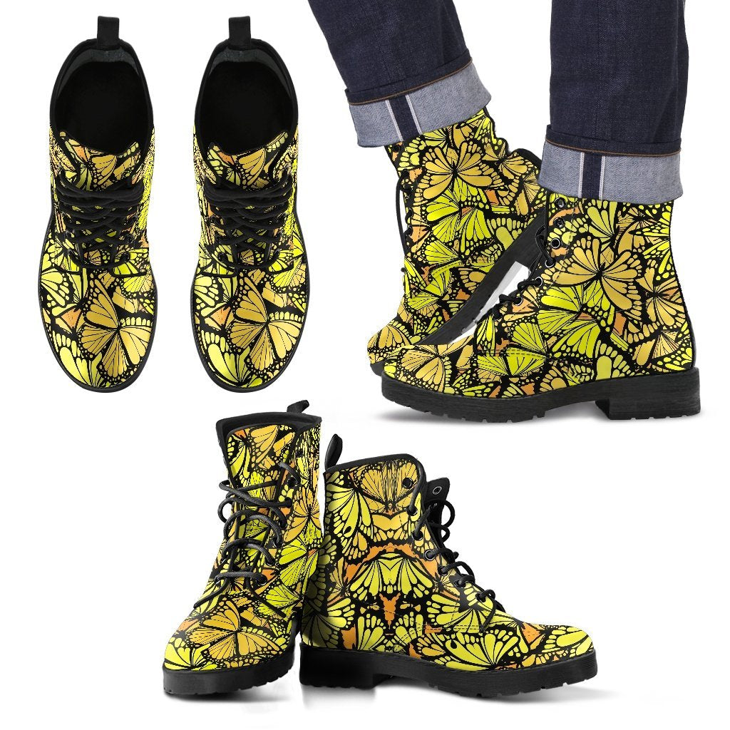Yellow Monarch Butterfly Pattern Print Men Women Leather Boots-grizzshop