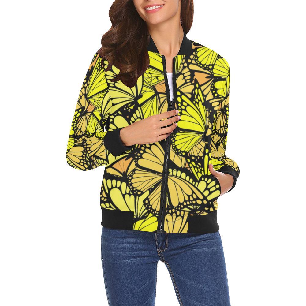 Yellow Monarch Butterfly Pattern Print Women Casual Bomber Jacket-grizzshop