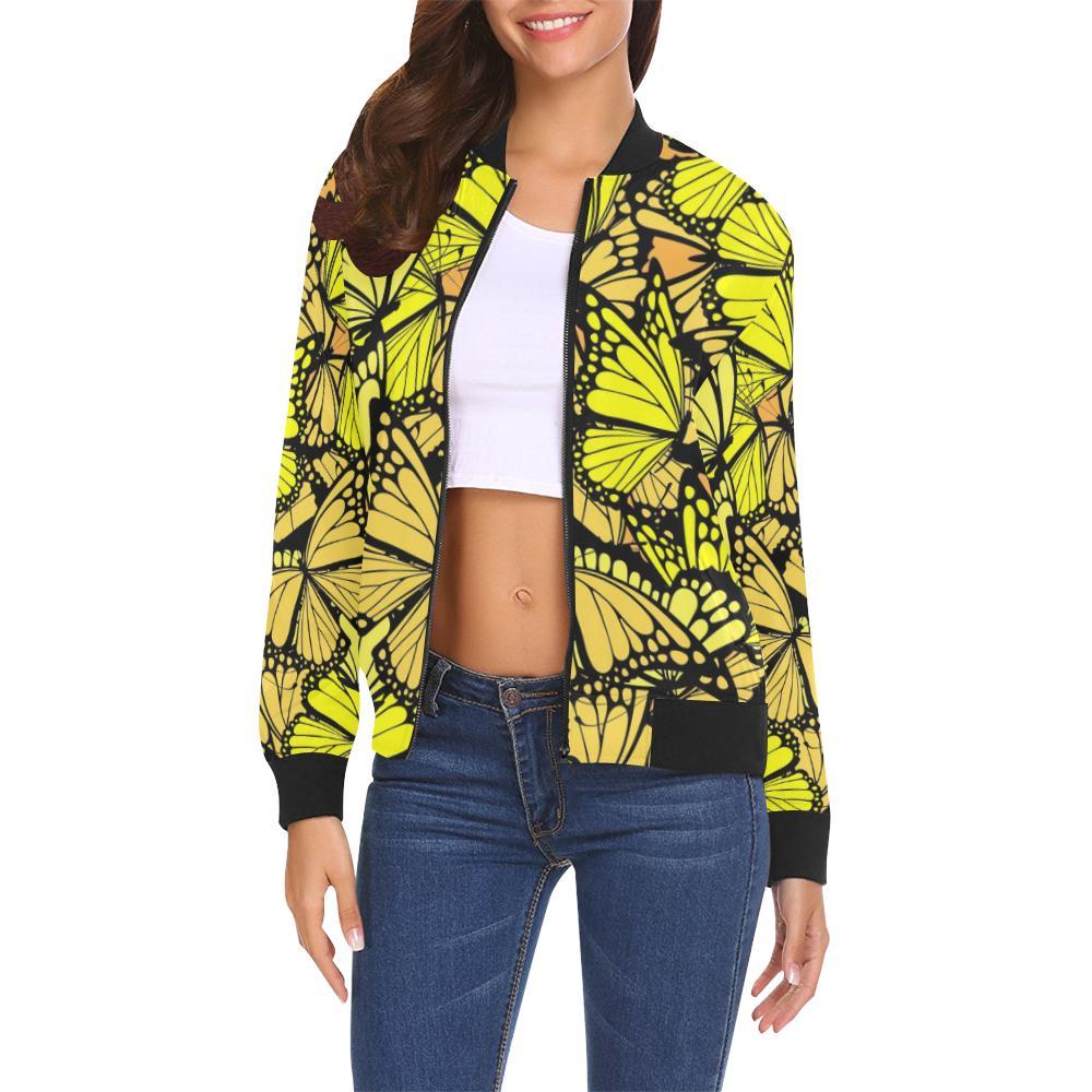 Yellow Monarch Butterfly Pattern Print Women Casual Bomber Jacket-grizzshop