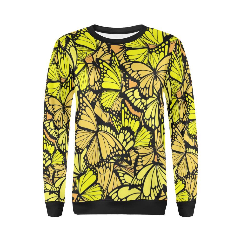 Yellow Monarch Butterfly Pattern Print Women Crewneck Sweatshirt-grizzshop