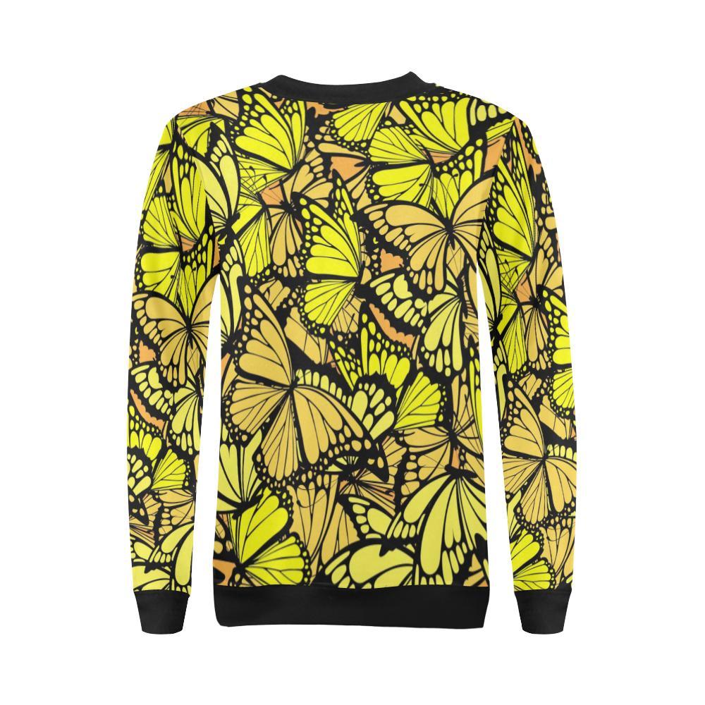 Yellow Monarch Butterfly Pattern Print Women Crewneck Sweatshirt-grizzshop