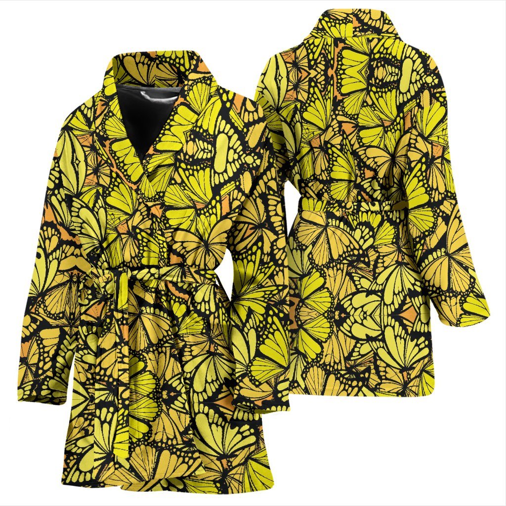 Yellow Monarch Butterfly Pattern Print Women Long Robe-grizzshop