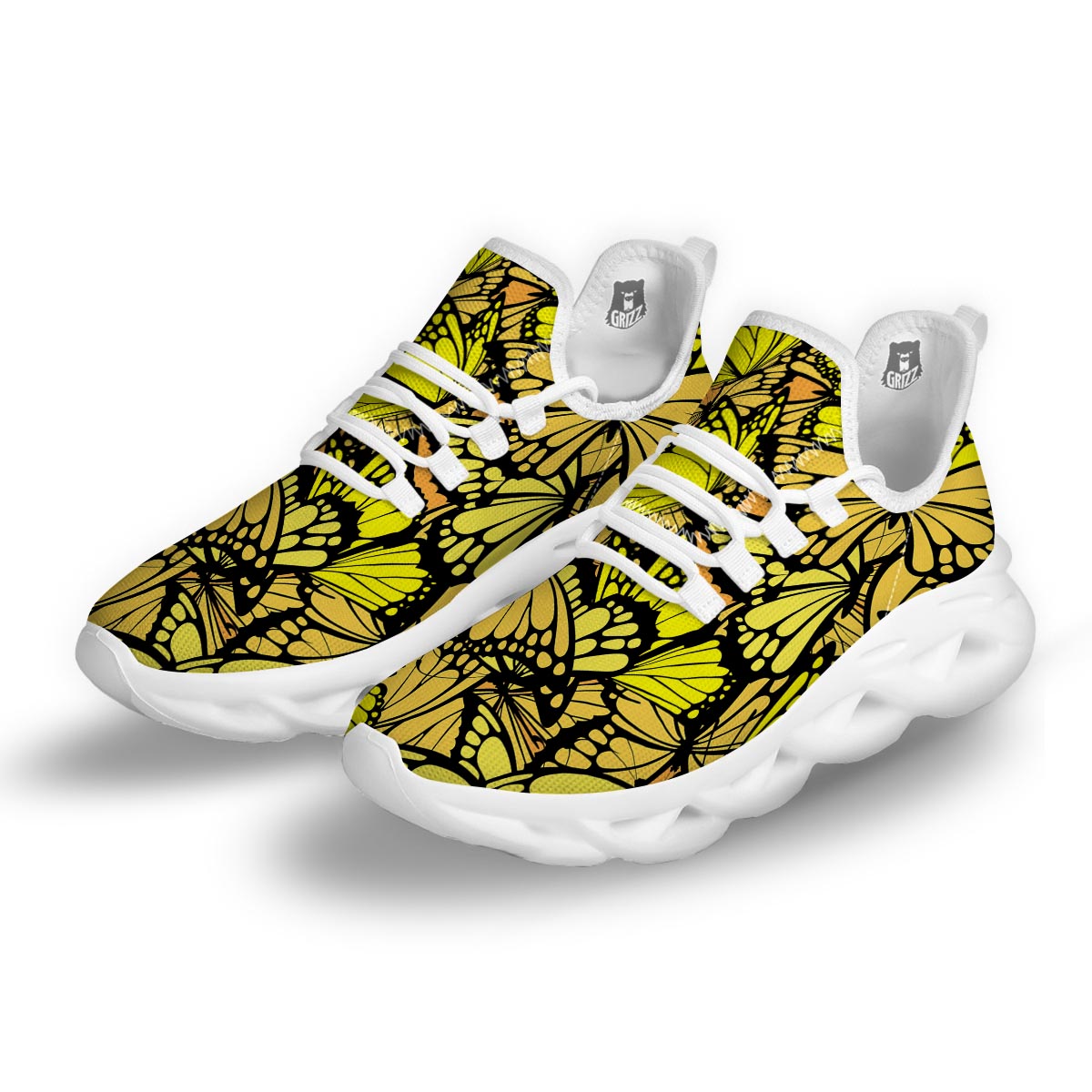 Yellow Monarch Butterfly White Running Shoes-grizzshop
