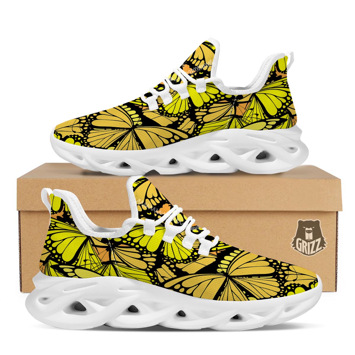 Yellow Monarch Butterfly White Running Shoes-grizzshop