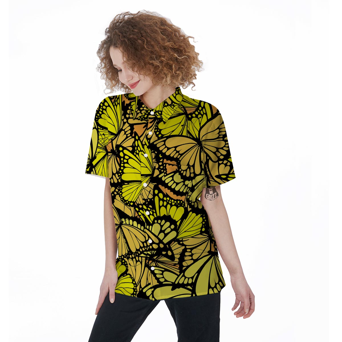 Yellow Monarch Butterfly Women's Short Sleeve Shirts-grizzshop