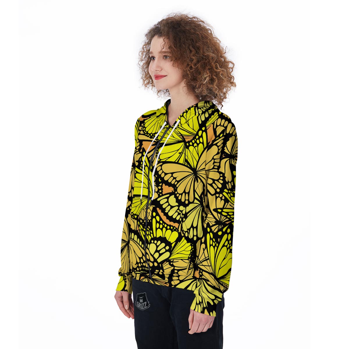 Yellow Monarch Butterfly Women's Zip Up Hoodie-grizzshop