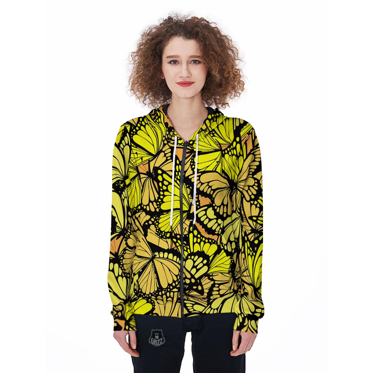 Yellow Monarch Butterfly Women's Zip Up Hoodie-grizzshop