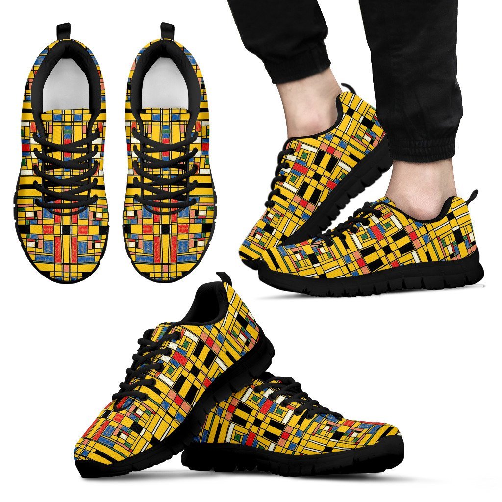 Yellow Mondrian Pattern Print Black Sneaker Shoes For Men Women-grizzshop